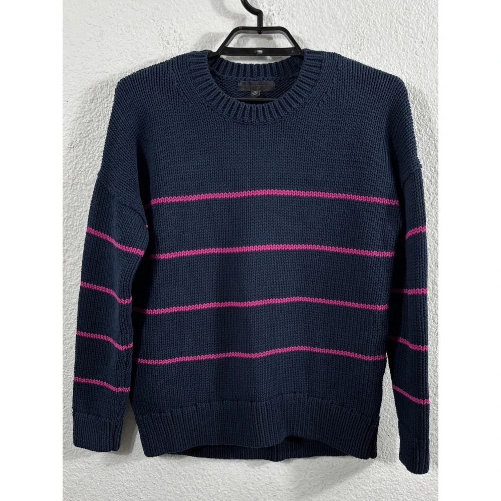 Banana Republic Sweater Mens‎ Medium Blue Fuchsia Striped Knit Crewneck Pullover
